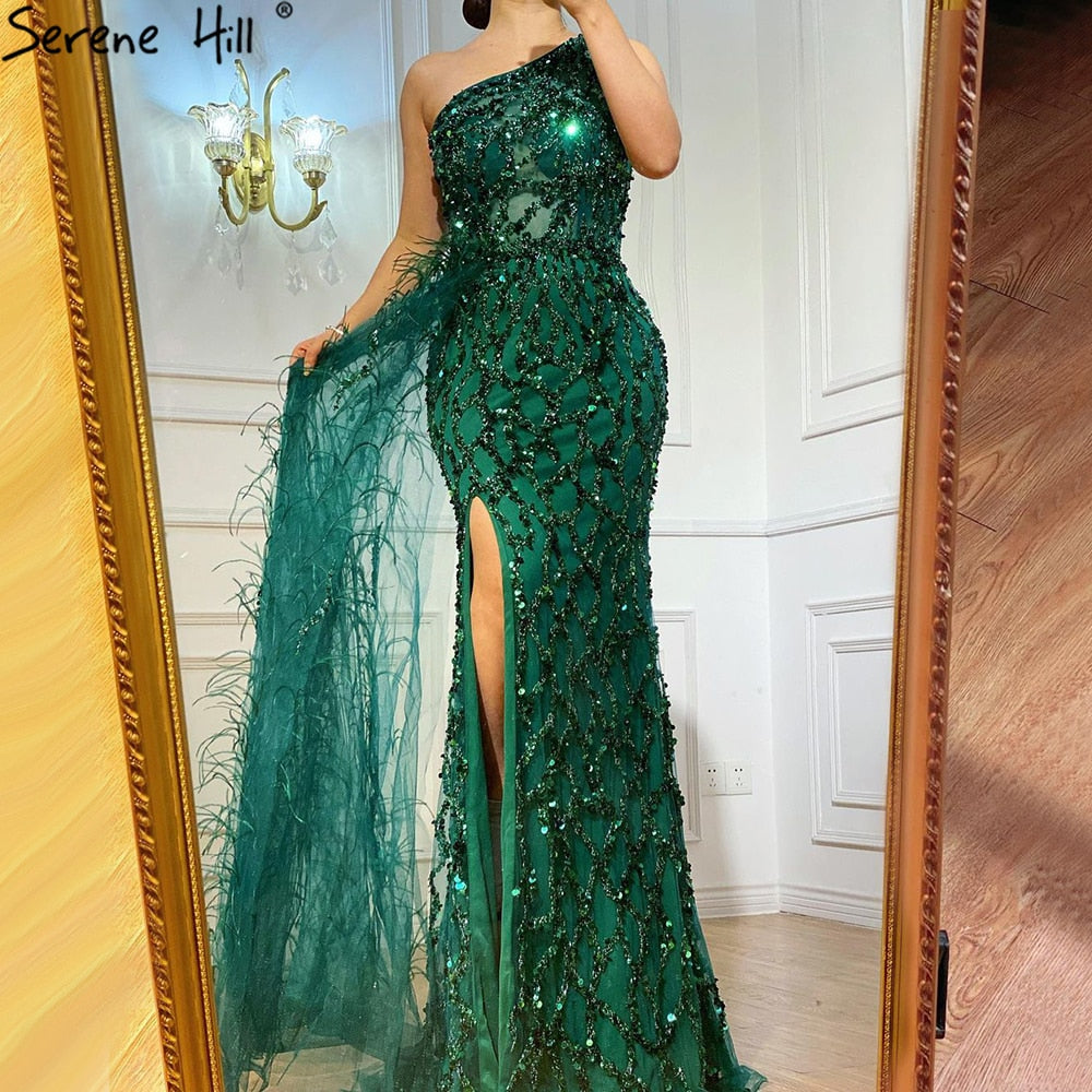 Vestido de noche verde elegante con escote sirena, sexy, con un solo hombro, abertura, de lujo, con cuentas y plumas, para mujer, fiesta, LA70829