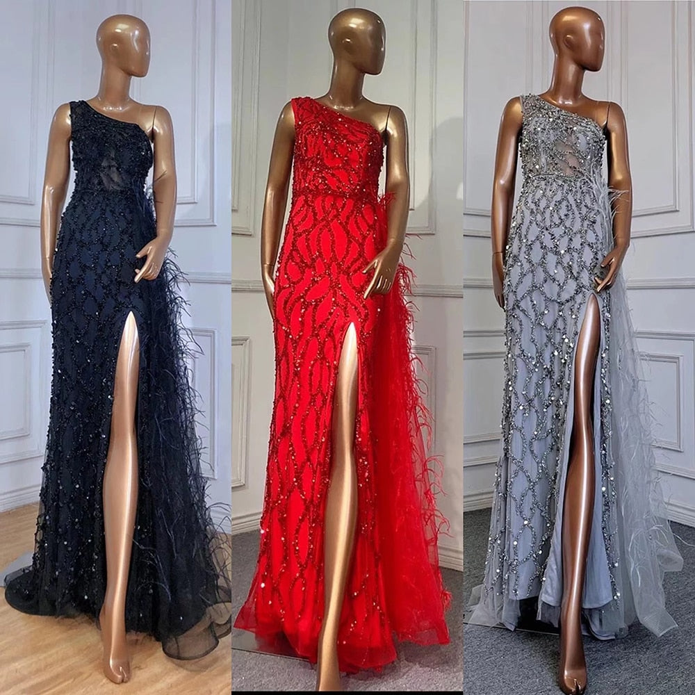 Vestido de noche verde elegante con escote sirena, sexy, con un solo hombro, abertura, de lujo, con cuentas y plumas, para mujer, fiesta, LA70829