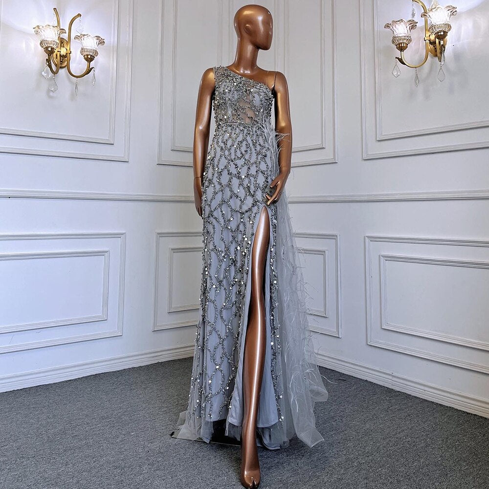 Vestido de noche verde elegante con escote sirena, sexy, con un solo hombro, abertura, de lujo, con cuentas y plumas, para mujer, fiesta, LA70829