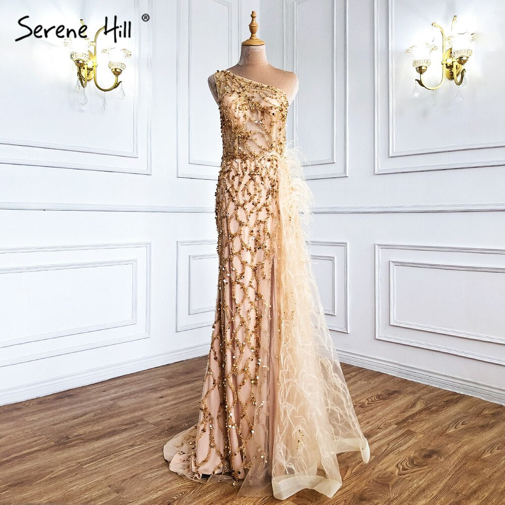 Vestido de noche verde elegante con escote sirena, sexy, con un solo hombro, abertura, de lujo, con cuentas y plumas, para mujer, fiesta, LA70829