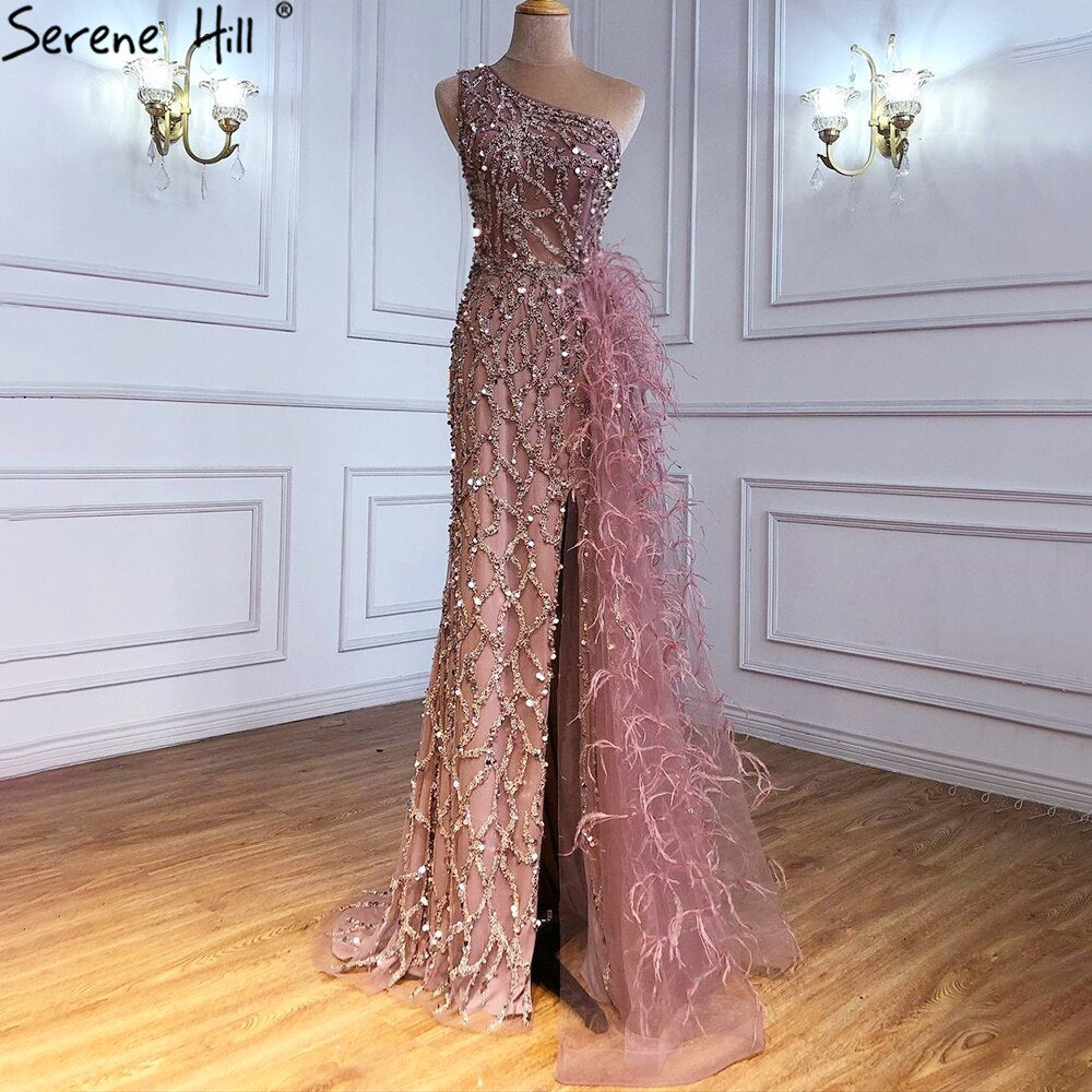 Vestido de noche verde elegante con escote sirena, sexy, con un solo hombro, abertura, de lujo, con cuentas y plumas, para mujer, fiesta, LA70829
