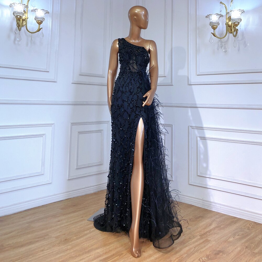 Vestido de noche verde elegante con escote sirena, sexy, con un solo hombro, abertura, de lujo, con cuentas y plumas, para mujer, fiesta, LA70829