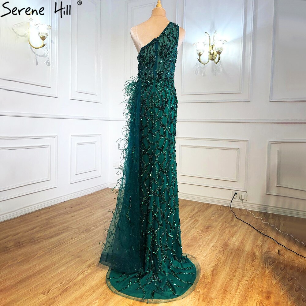 Vestido de noche verde elegante con escote sirena, sexy, con un solo hombro, abertura, de lujo, con cuentas y plumas, para mujer, fiesta, LA70829