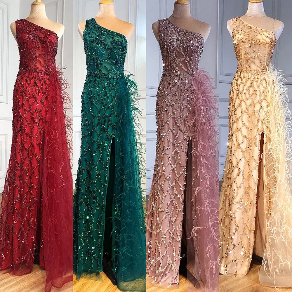 Vestido de noche verde elegante con escote sirena, sexy, con un solo hombro, abertura, de lujo, con cuentas y plumas, para mujer, fiesta, LA70829