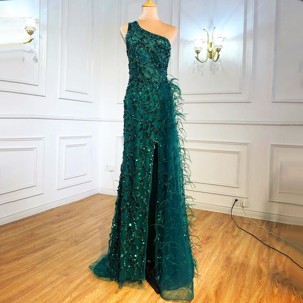 Vestido de noche verde elegante con escote sirena, sexy, con un solo hombro, abertura, de lujo, con cuentas y plumas, para mujer, fiesta, LA70829