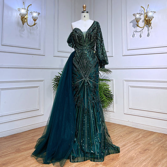 Vestido de noche elegante de sirena verde, sexy, con un hombro al descubierto, mangas largas abullonadas y cuentas, para mujer, fiesta, LA72000