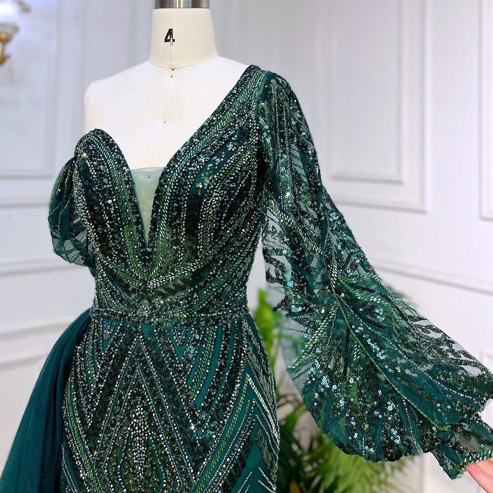 Vestido de noche elegante de sirena verde, sexy, con un hombro al descubierto, mangas largas abullonadas y cuentas, para mujer, fiesta, LA72000