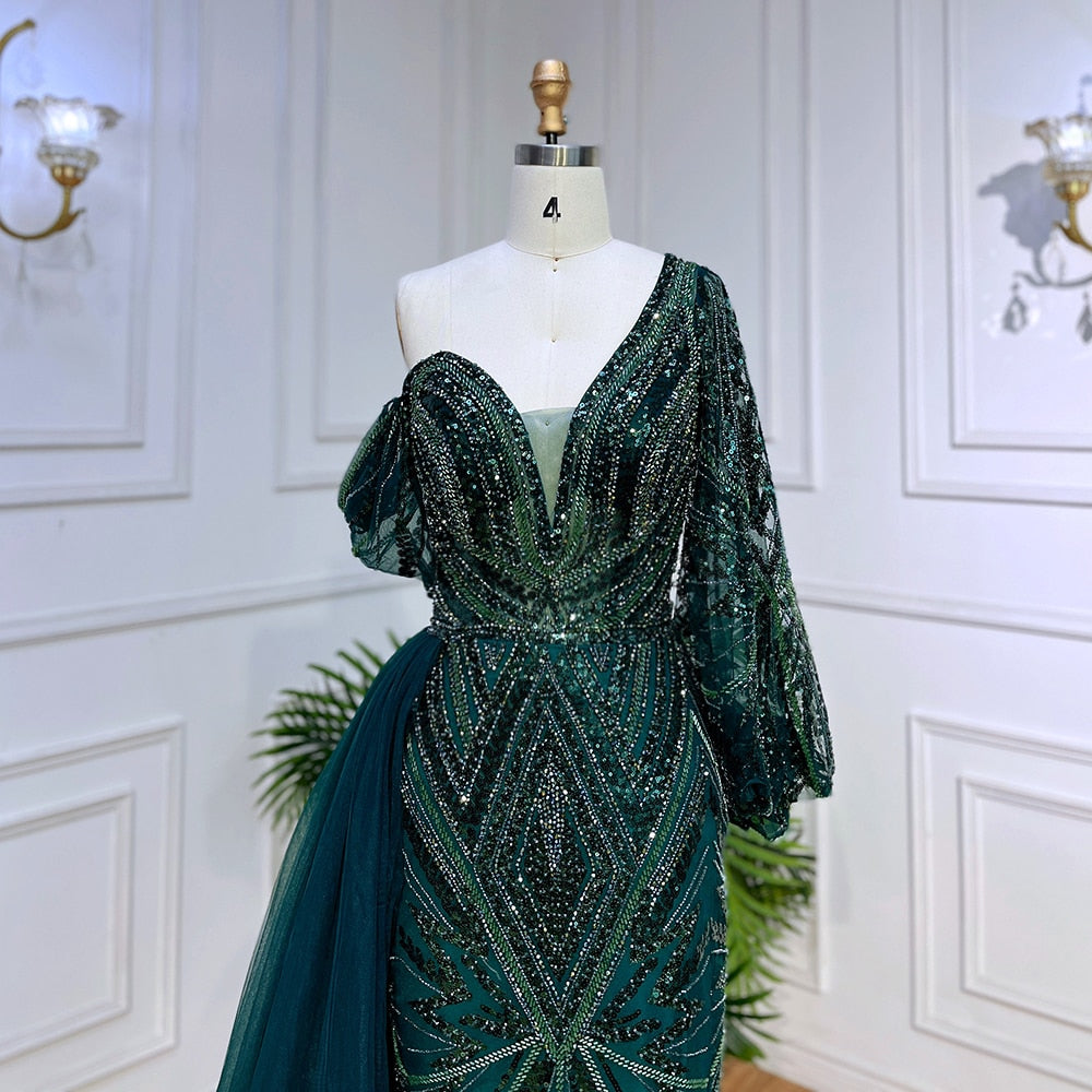 Vestido de noche elegante de sirena verde, sexy, con un hombro al descubierto, mangas largas abullonadas y cuentas, para mujer, fiesta, LA72000