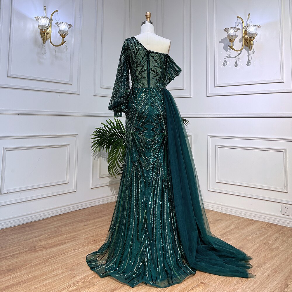 Vestido de noche elegante de sirena verde, sexy, con un hombro al descubierto, mangas largas abullonadas y cuentas, para mujer, fiesta, LA72000