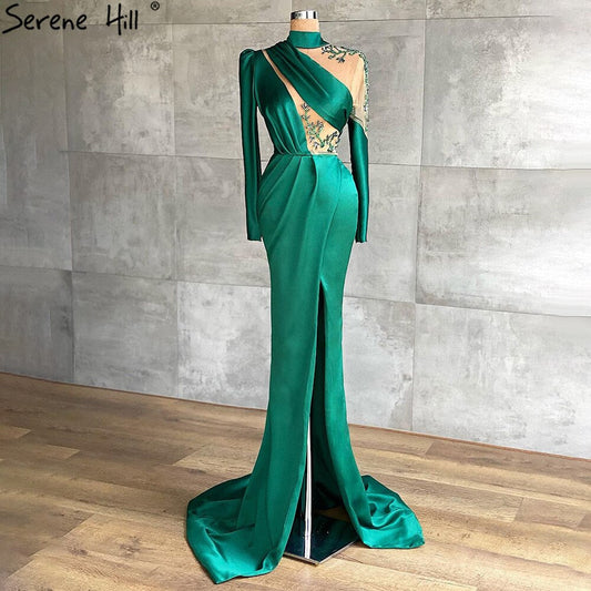 Vestidos de noche verdes con abertura alta, elegantes vestidos de sirena de satén con cuentas para mujer, para fiesta, LA71034