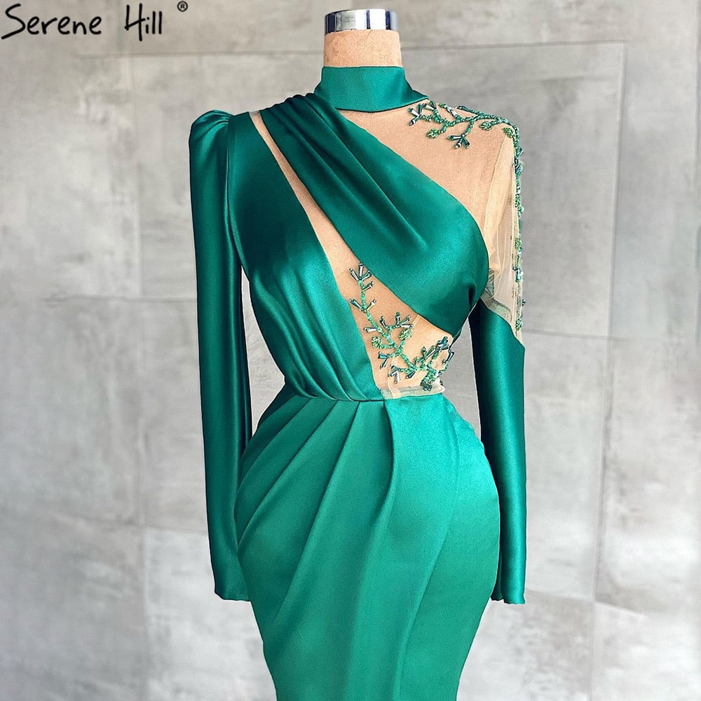 Vestidos de noche verdes con abertura alta, elegantes vestidos de sirena de satén con cuentas para mujer, para fiesta, LA71034