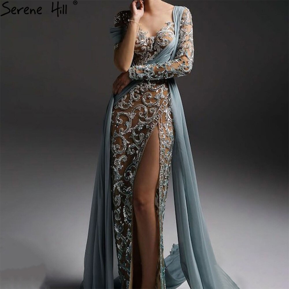 Vestido de noche verde sirena con abertura alta, elegante, de lujo, con cuentas, para mujer, para fiesta de bodas, LA71391