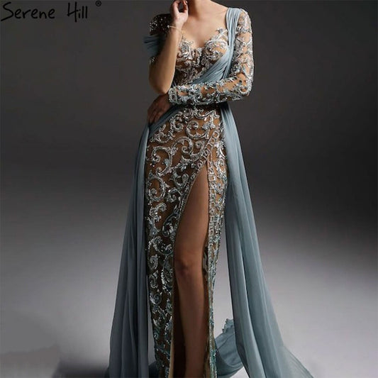 Vestido de noche verde sirena con abertura alta, elegante, de lujo, con cuentas, para mujer, para fiesta de bodas, LA71391