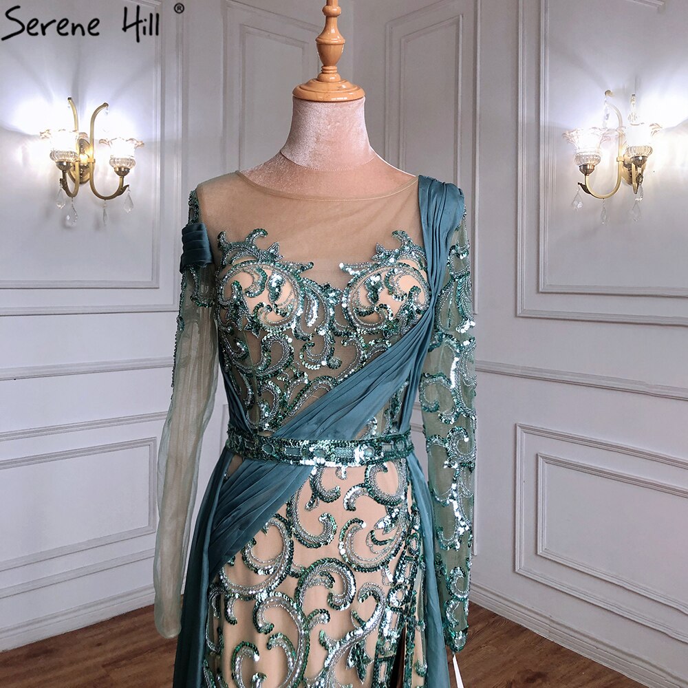 Vestido de noche verde sirena con abertura alta, elegante, de lujo, con cuentas, para mujer, para fiesta de bodas, LA71391
