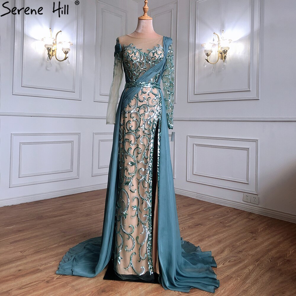 Vestido de noche verde sirena con abertura alta, elegante, de lujo, con cuentas, para mujer, para fiesta de bodas, LA71391