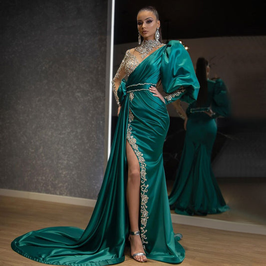 Vestido de noche de satén verde con abertura alta, 2025, de lujo, con sobrefalda de cuentas y corte sirena para mujer, para fiesta, LA71510