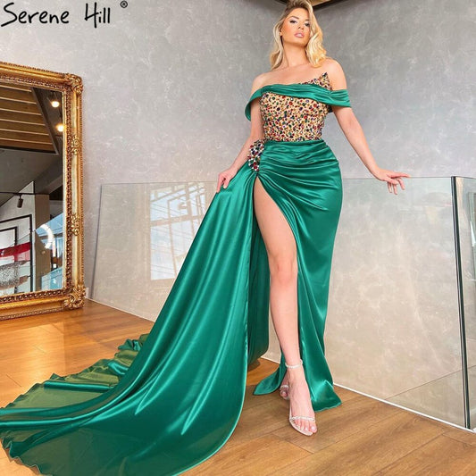 Vestido de noche verde con abertura alta, elegante, corte sirena, con cuentas, para mujer, fiesta, LA71254