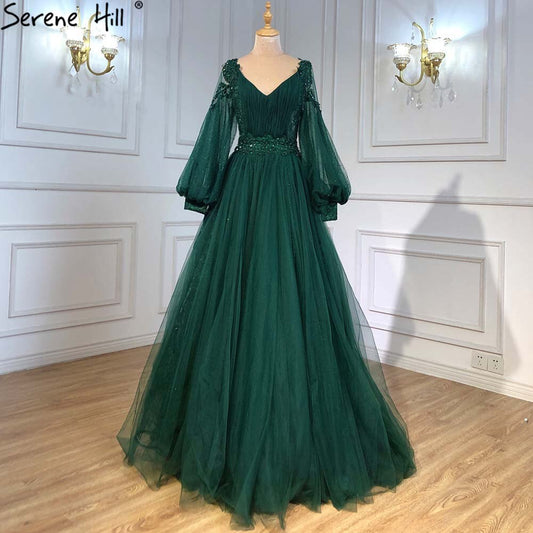 Vestidos de noche con mangas de linterna verde, corte A, con cuentas, de lujo, para mujer, para boda, fiesta, LA71477