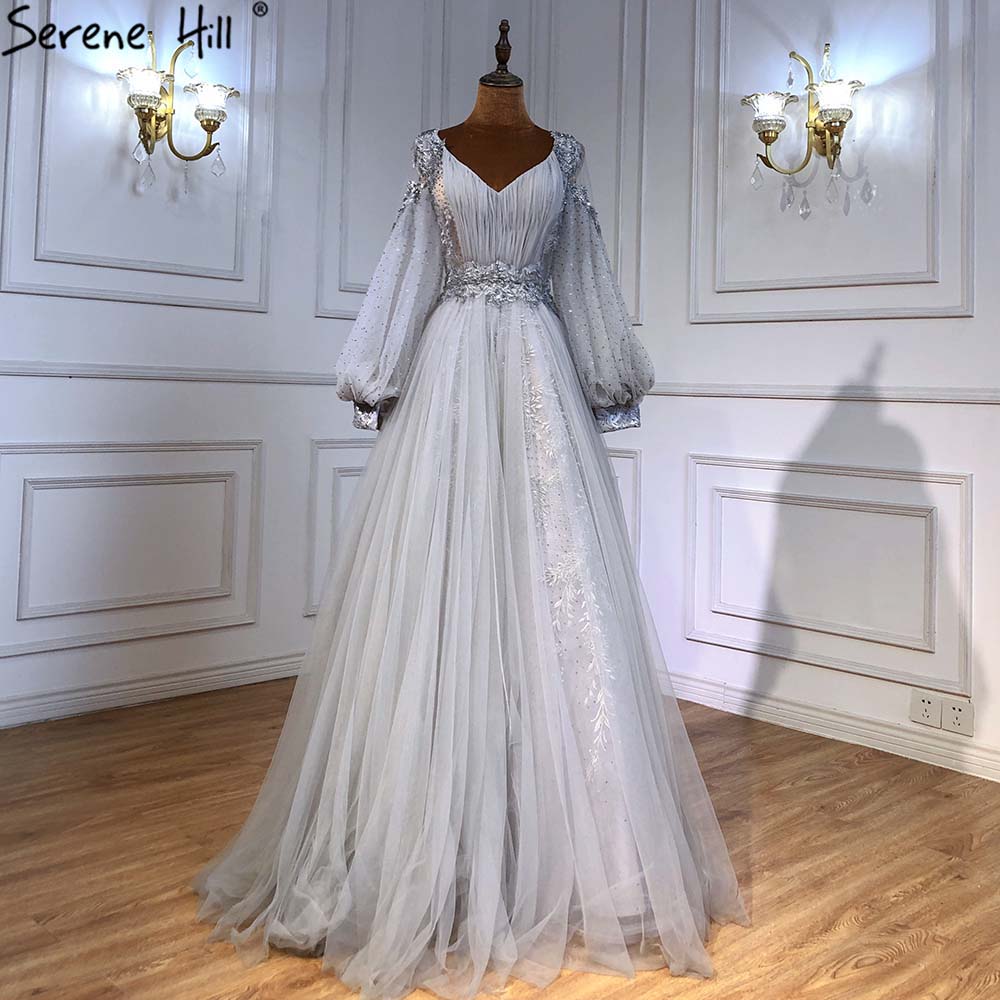 Vestidos de noche con mangas de linterna verde, corte A, con cuentas, de lujo, para mujer, para boda, fiesta, LA71477