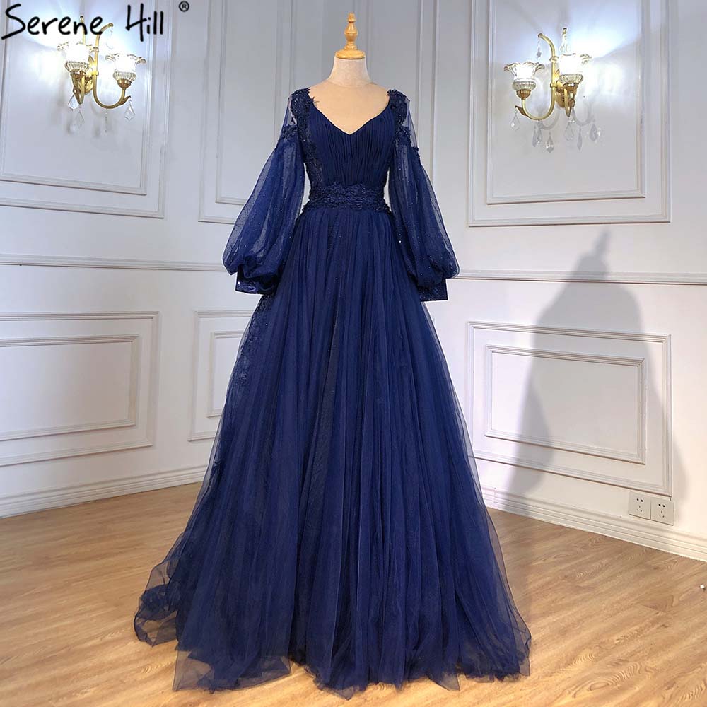 Vestidos de noche con mangas de linterna verde, corte A, con cuentas, de lujo, para mujer, para boda, fiesta, LA71477