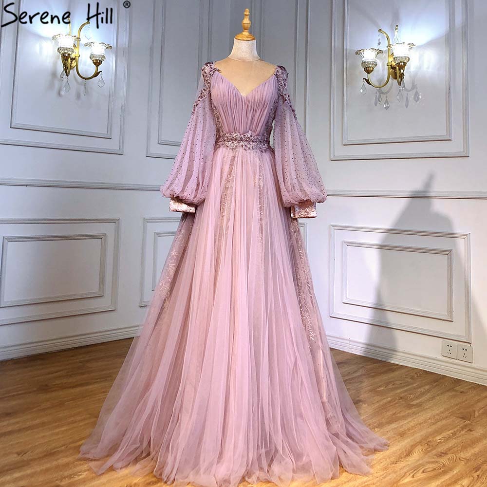 Vestidos de noche con mangas de linterna verde, corte A, con cuentas, de lujo, para mujer, para boda, fiesta, LA71477