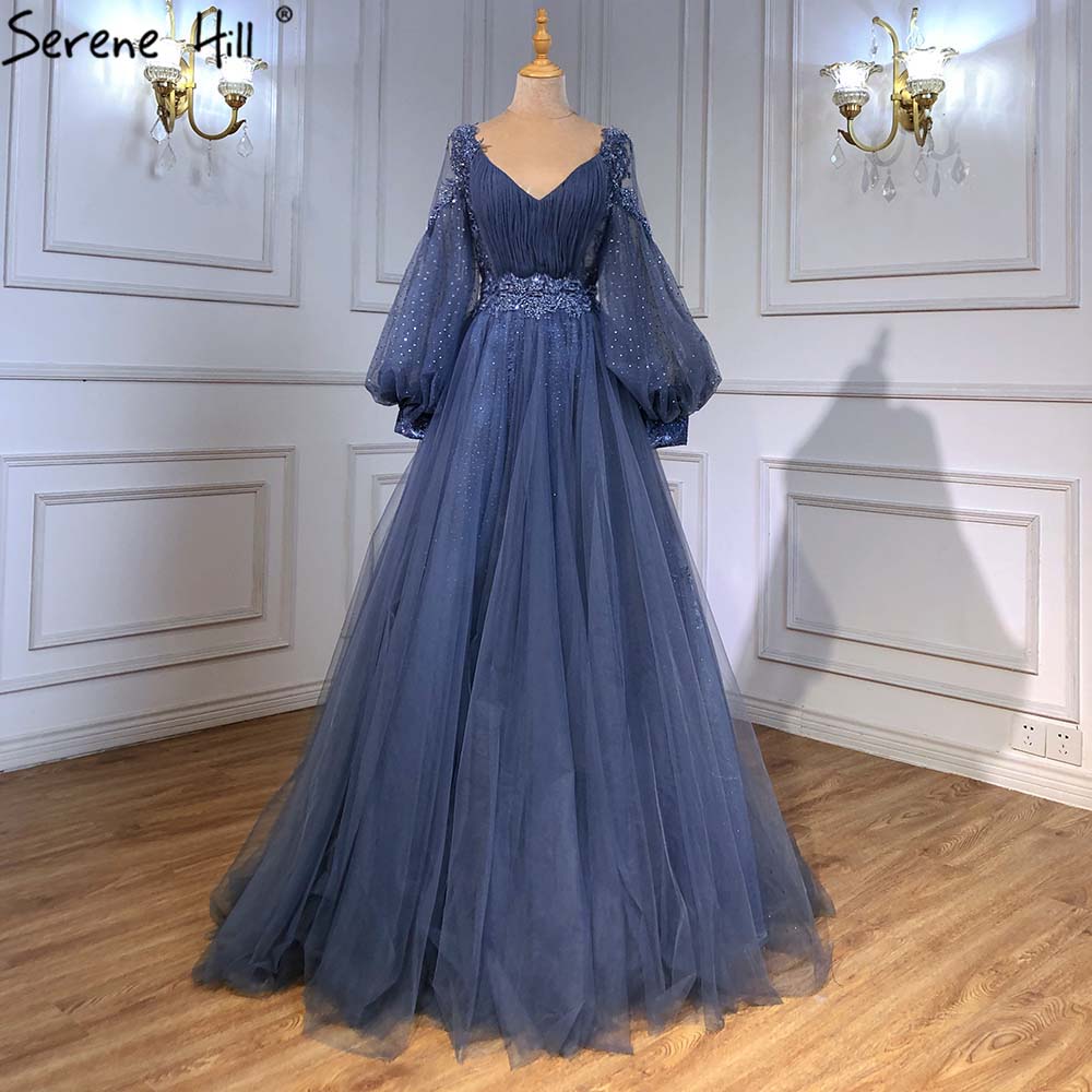 Vestidos de noche con mangas de linterna verde, corte A, con cuentas, de lujo, para mujer, para boda, fiesta, LA71477