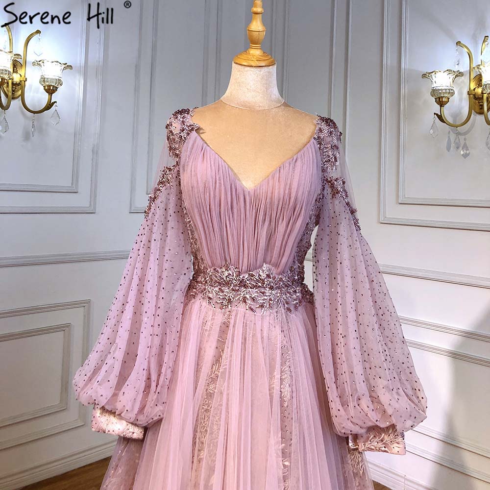 Vestidos de noche con mangas de linterna verde, corte A, con cuentas, de lujo, para mujer, para boda, fiesta, LA71477