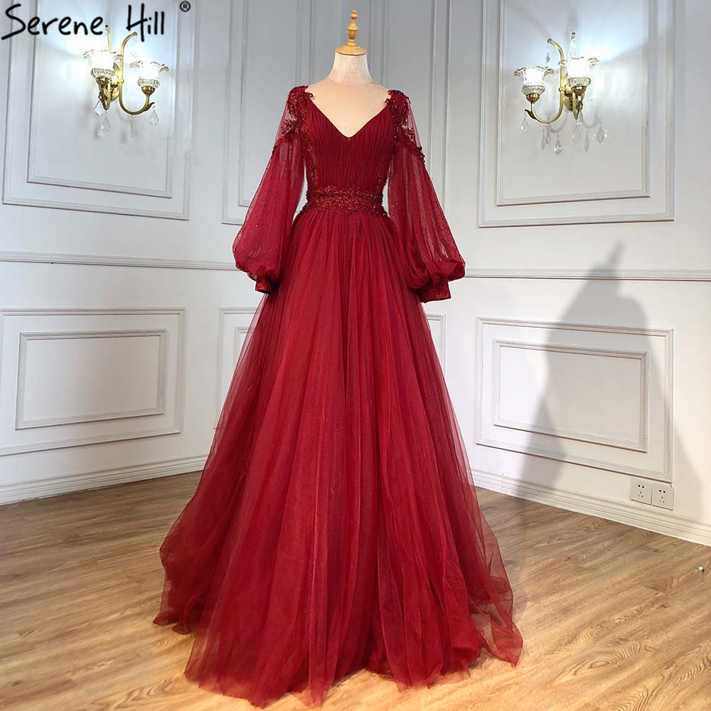 Vestidos de noche con mangas de linterna verde, corte A, con cuentas, de lujo, para mujer, para boda, fiesta, LA71477
