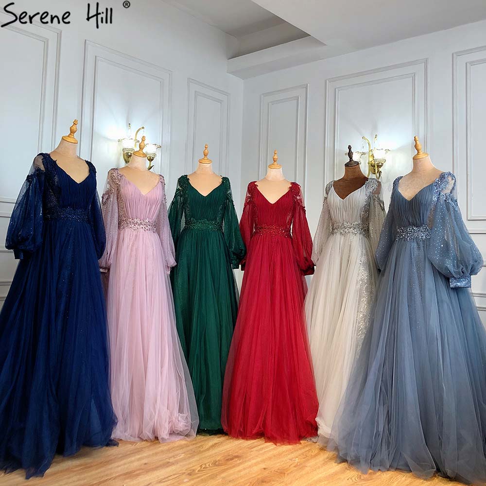 Vestidos de noche con mangas de linterna verde, corte A, con cuentas, de lujo, para mujer, para boda, fiesta, LA71477