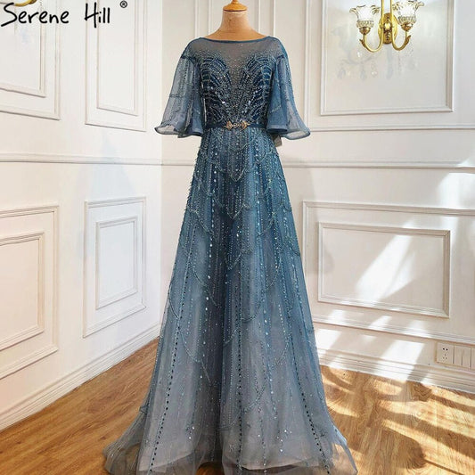 Vestidos de noche verdes con mangas largas acampanadas, corte A, de lujo, con pedrería, para mujer, fiesta, LA70822