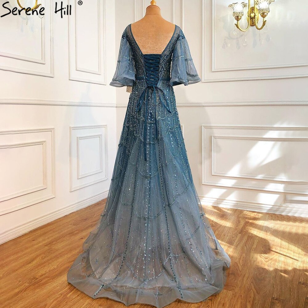 Vestidos de noche verdes con mangas largas acampanadas, corte A, de lujo, con pedrería, para mujer, fiesta, LA70822
