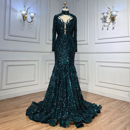 Vestidos de fiesta largos verdes 2025 de lujo con lentejuelas, estilo sirena sexy, vestido de fiesta de gala para chica negra LA72027