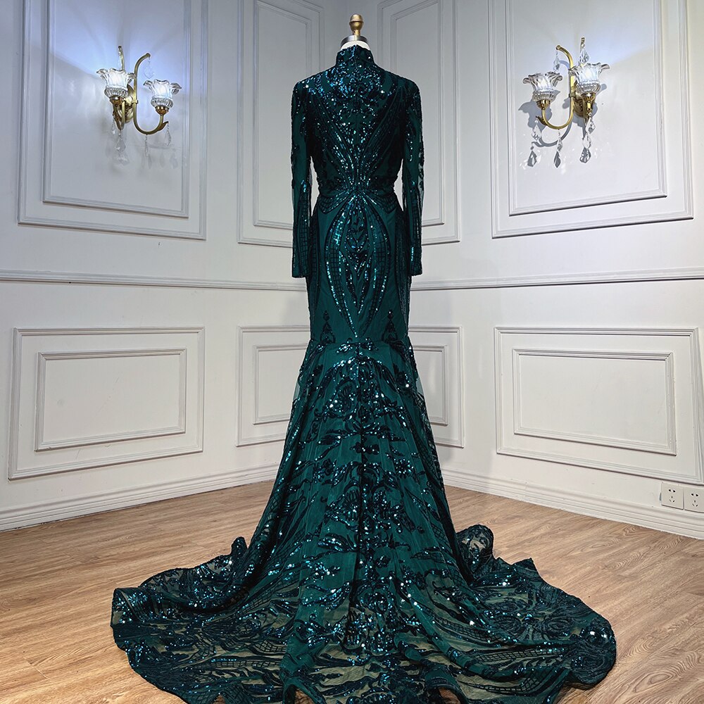 Vestidos de fiesta largos verdes 2025 de lujo con lentejuelas, estilo sirena sexy, vestido de fiesta de gala para chica negra LA72027