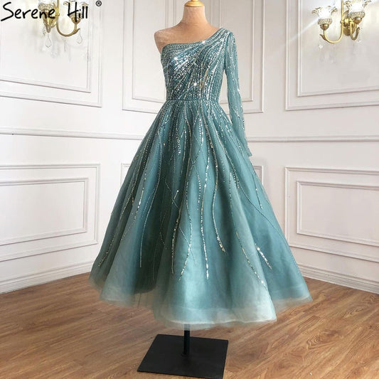 Vestidos de noche verdes de lujo hasta los tobillos, vestidos de fiesta sexys con un solo hombro y cuentas, LA71021