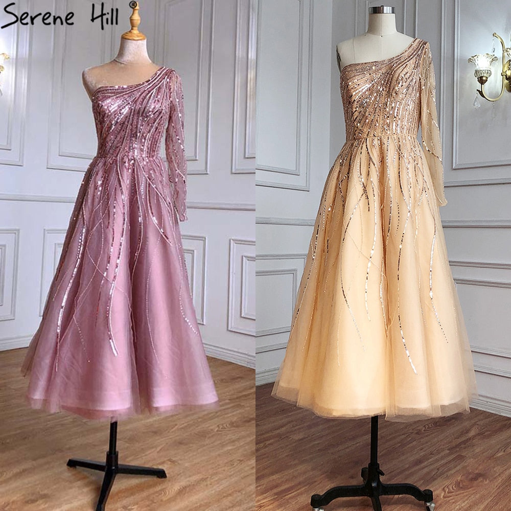 Vestidos de noche verdes de lujo hasta los tobillos, vestidos de fiesta sexys con un solo hombro y cuentas, LA71021