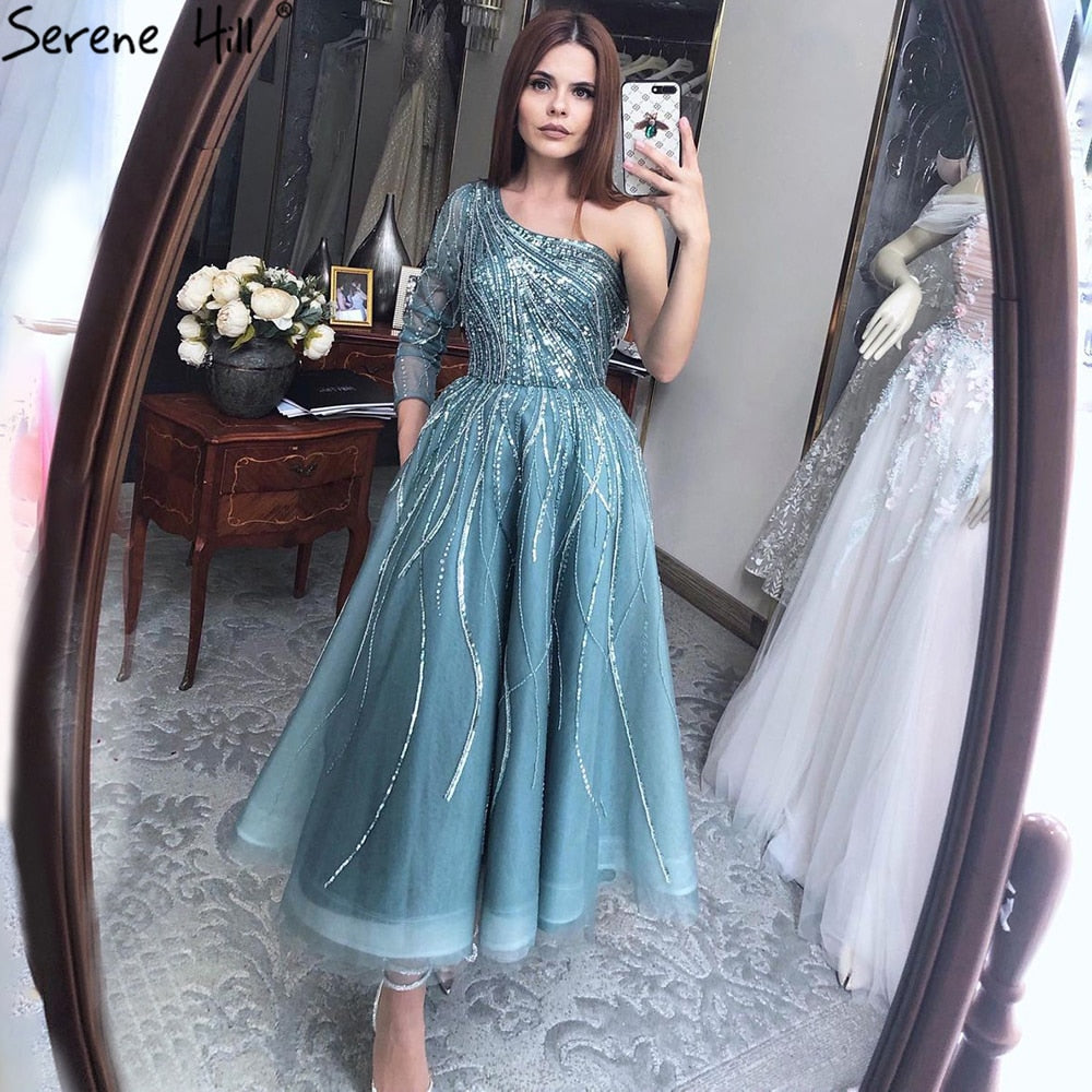 Vestidos de noche verdes de lujo hasta los tobillos, vestidos de fiesta sexys con un solo hombro y cuentas, LA71021