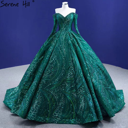 Vestidos de novia de lujo con cuentas verdes 2025, mangas largas, vestidos de novia de alta gama HM67368, hechos a medida