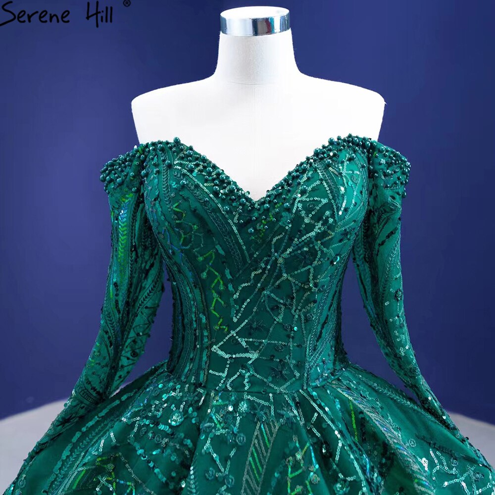 Vestidos de novia de lujo con cuentas verdes 2025, mangas largas, vestidos de novia de alta gama HM67368, hechos a medida
