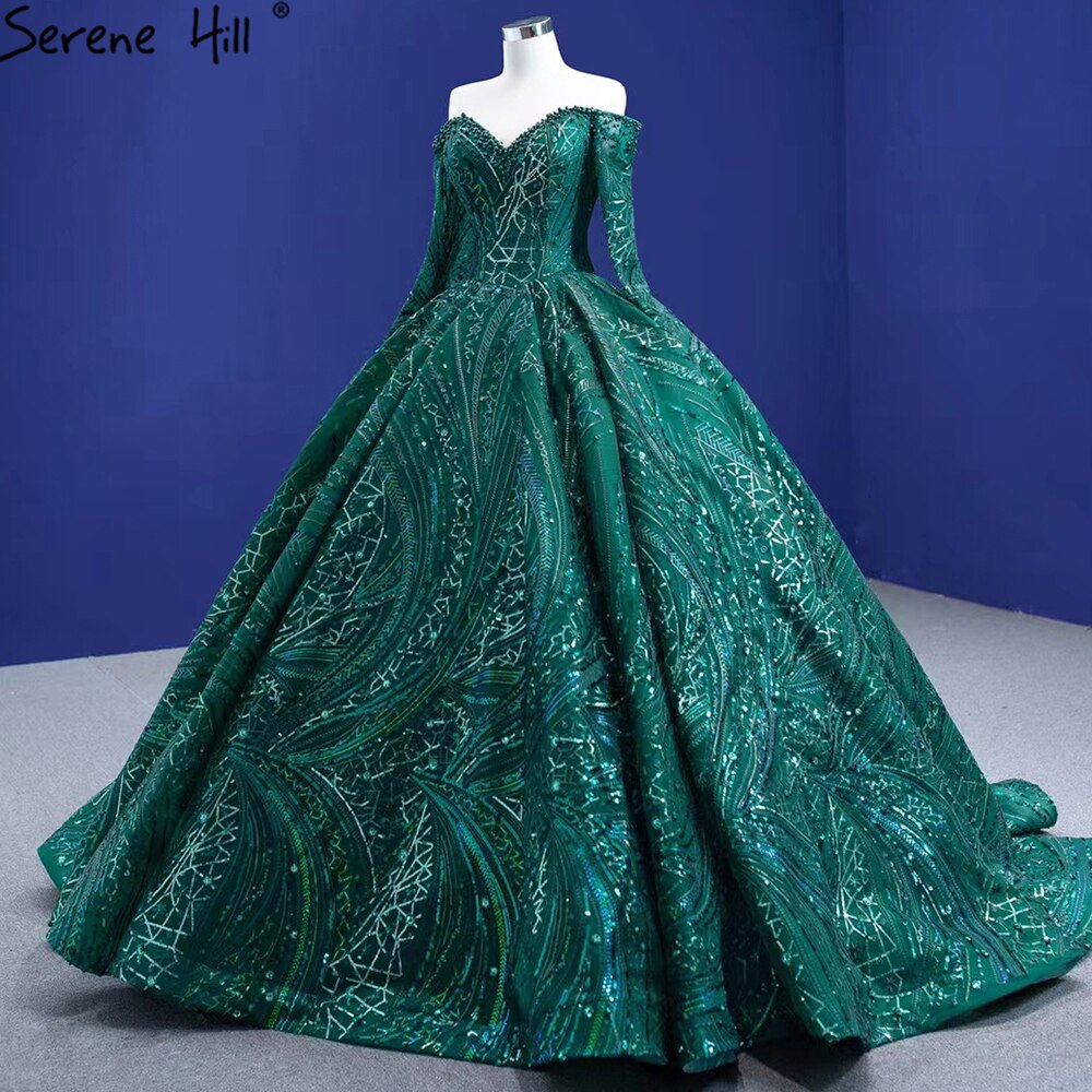 Vestidos de novia de lujo con cuentas verdes 2025, mangas largas, vestidos de novia de alta gama HM67368, hechos a medida