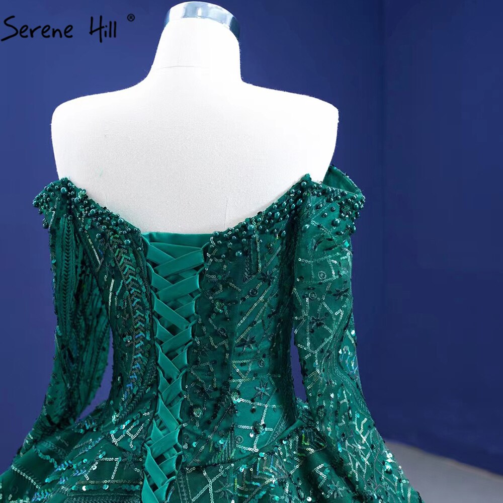 Vestidos de novia de lujo con cuentas verdes 2025, mangas largas, vestidos de novia de alta gama HM67368, hechos a medida