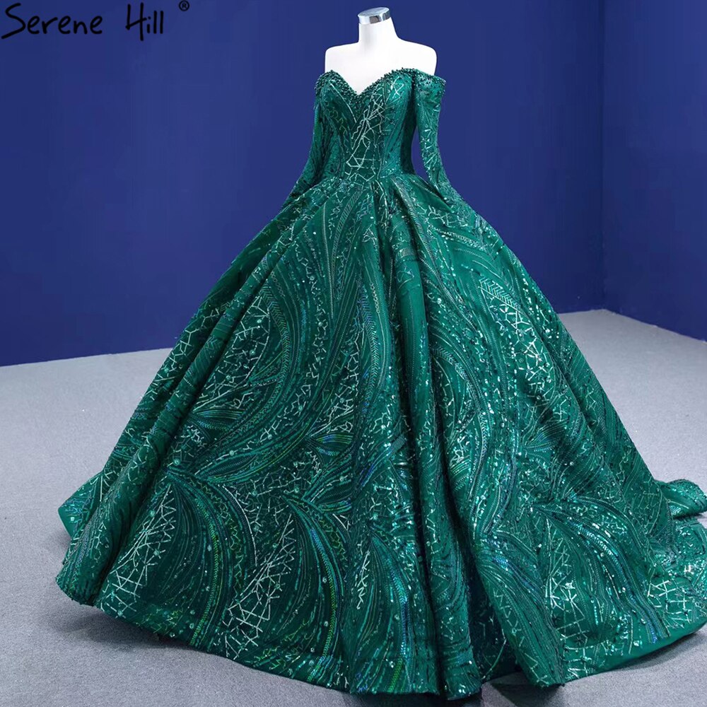 Vestidos de novia de lujo con cuentas verdes 2025, mangas largas, vestidos de novia de alta gama HM67368, hechos a medida