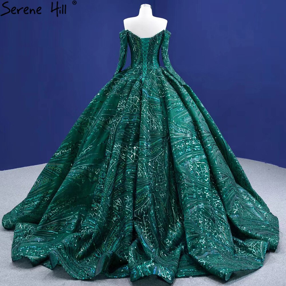 Vestidos de novia de lujo con cuentas verdes 2025, mangas largas, vestidos de novia de alta gama HM67368, hechos a medida