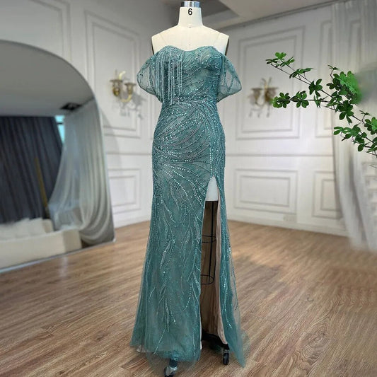 Vestidos de noche de sirena de lujo verde 2025, mangas casquillo, con cuentas, elegantes para mujer, fiesta LA71438