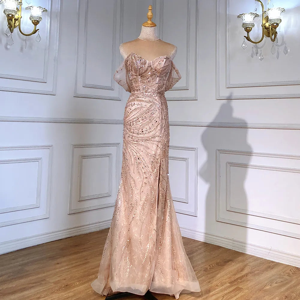 Vestidos de noche de sirena de lujo verde 2025, mangas casquillo, con cuentas, elegantes para mujer, fiesta LA71438