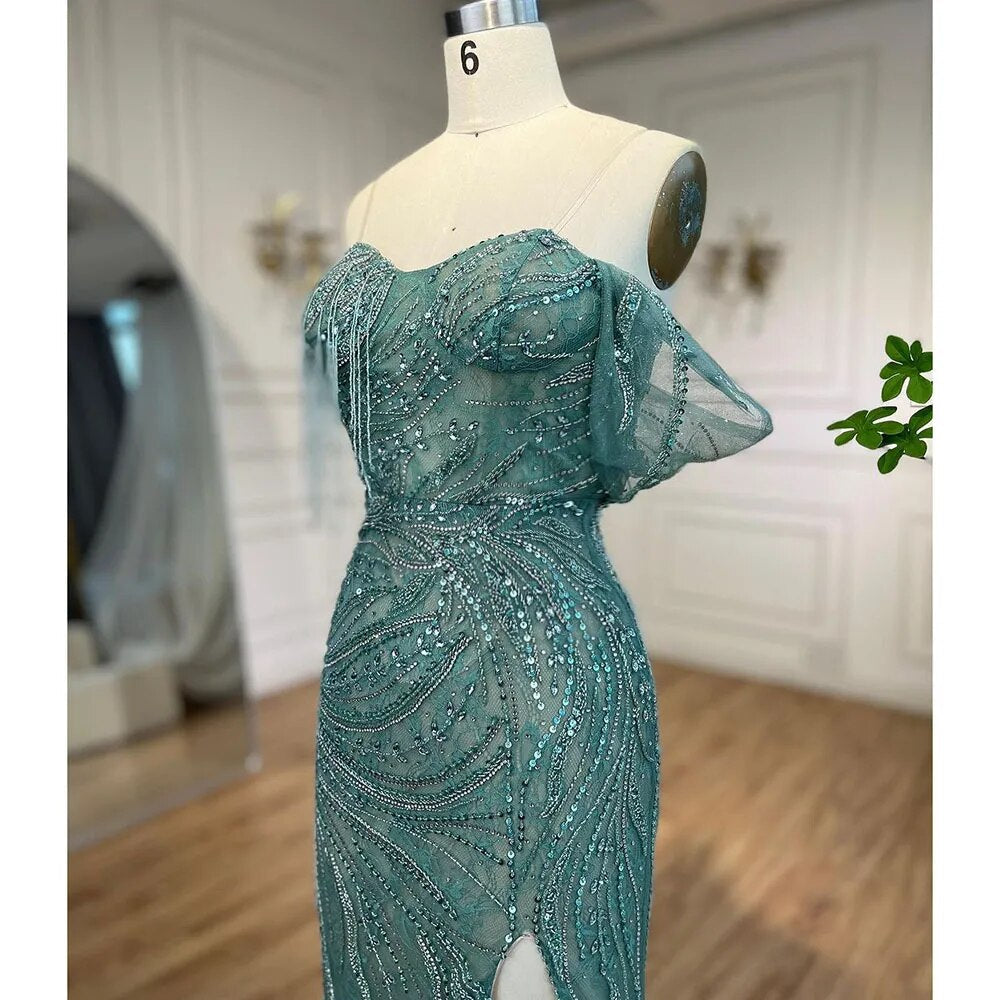 Vestidos de noche de sirena de lujo verde 2025, mangas casquillo, con cuentas, elegantes para mujer, fiesta LA71438