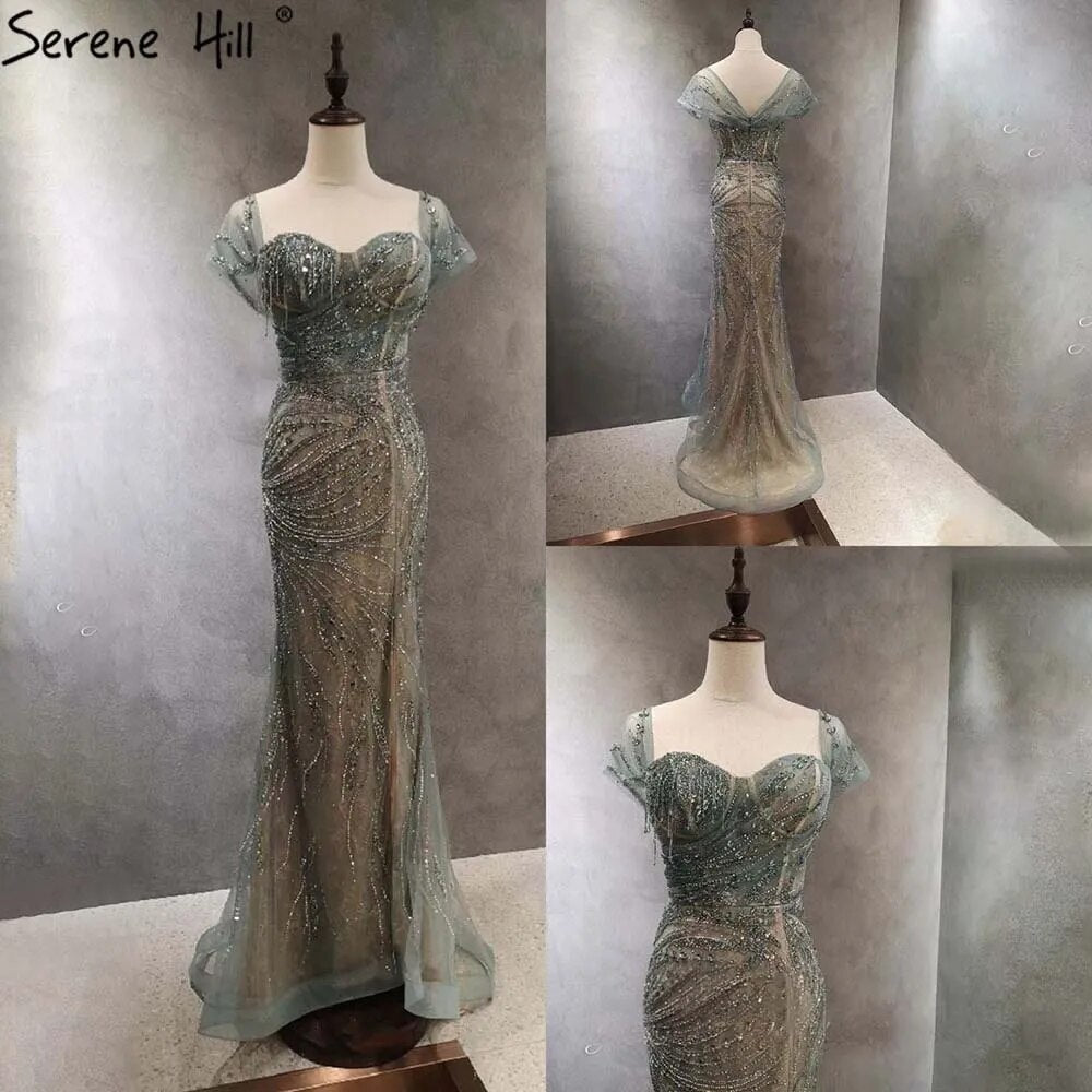 Vestidos de noche de sirena de lujo verde 2025, mangas casquillo, con cuentas, elegantes para mujer, fiesta LA71438