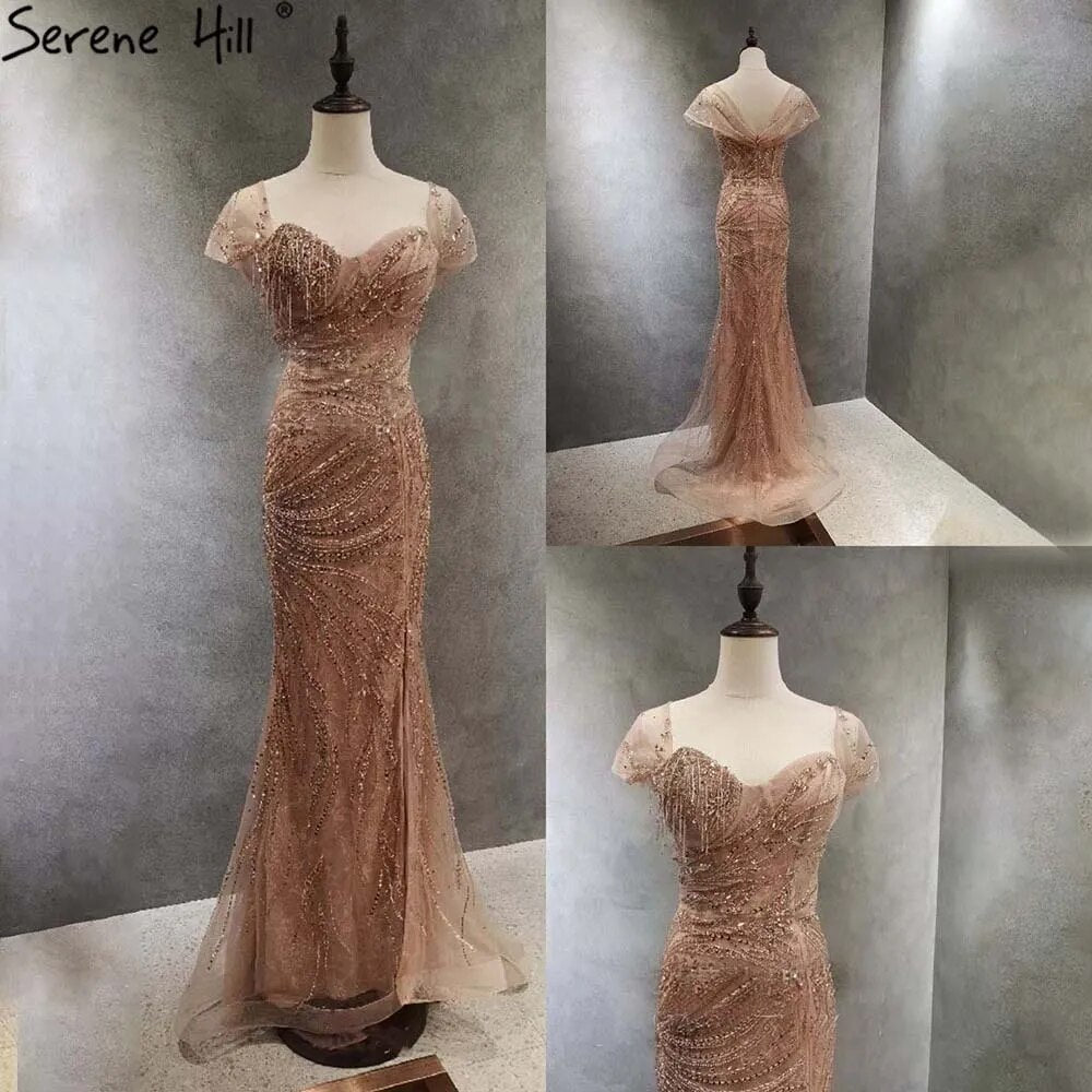 Vestidos de noche de sirena de lujo verde 2025, mangas casquillo, con cuentas, elegantes para mujer, fiesta LA71438