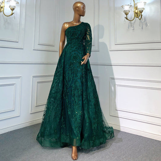 Vestidos de noche verdes de lujo con un solo hombro, elegantes vestidos de sirena con cuentas, sobrefalda para mujer, fiesta LA71607