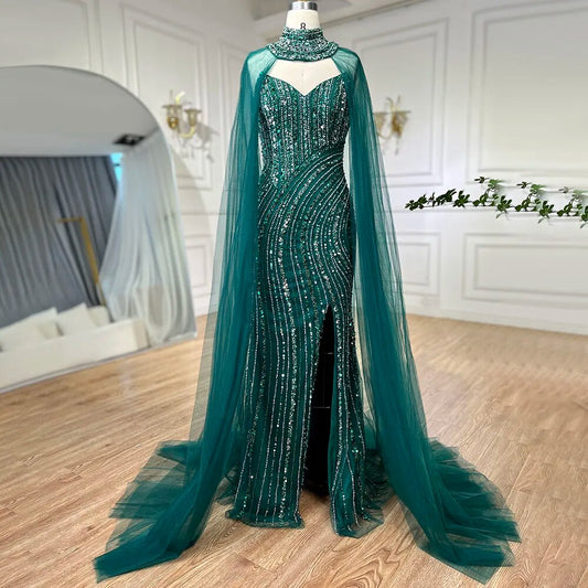 Vestido de noche árabe de sirena verde con abertura y mangas estilo capa con cuentas 2025 para mujer, fiesta de boda LA72073A