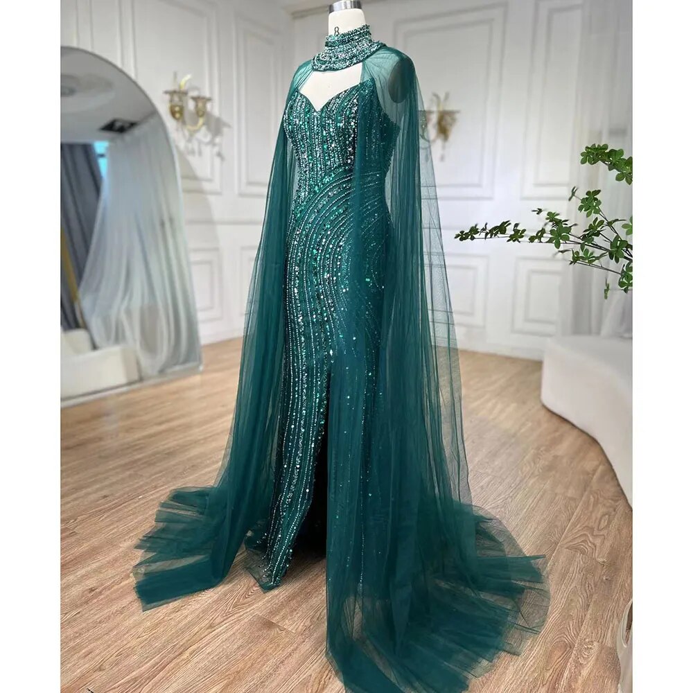 Vestido de noche árabe de sirena verde con abertura y mangas estilo capa con cuentas 2025 para mujer, fiesta de boda LA72073A